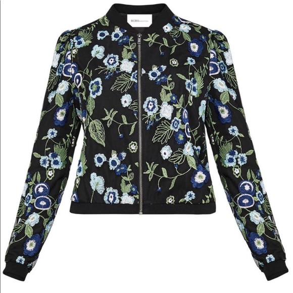 🔥BCBGENERATION🔥NAVY FLORAL JACQUARD BOMBER JACKET MEDIUM NWT - Picture 6 of 7